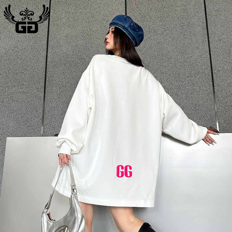 College style long-sleeved round neck sweatshirt women's medium long pink oversize