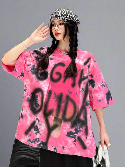 Sommer mädchen tie-dye rosa kurzarm rundhals lose T-shirt top oversize