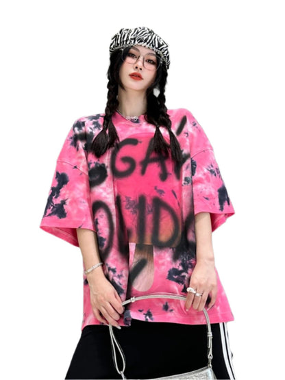 Sommer mädchen tie-dye rosa kurzarm rundhals lose T-shirt top oversize