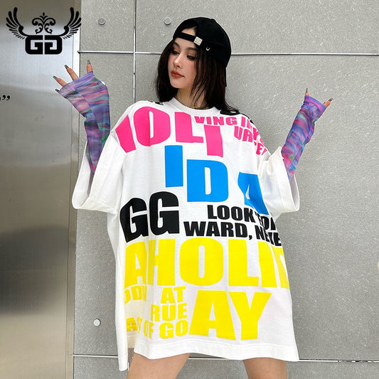 Summer colorful letter large size T-shirt for women light oversize soft skin-friendly trendy t-shirt