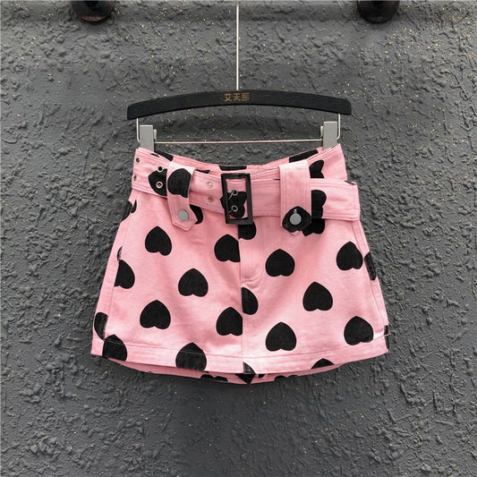 Love Summer Pink Denim Skirt Women's High Waist Shorts Skirt