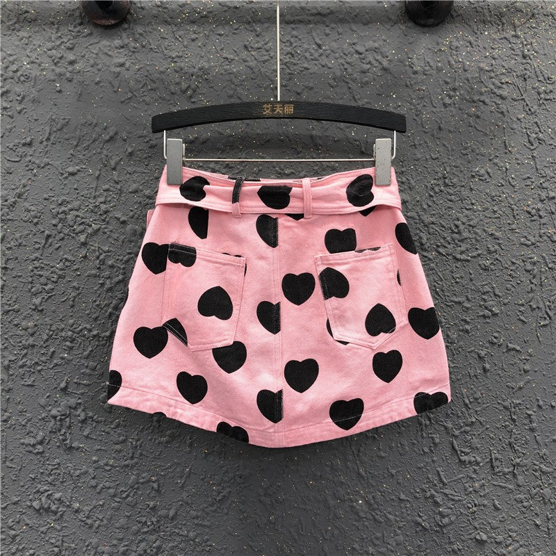 Love Summer Pink Denim Skirt Women's High Waist Shorts Skirt