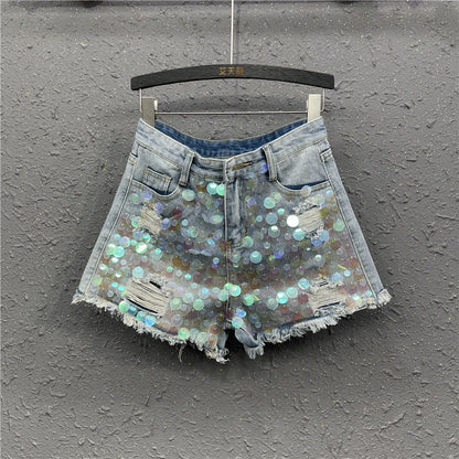 Sequins raw edge high waist A-line wide leg women short denim pants