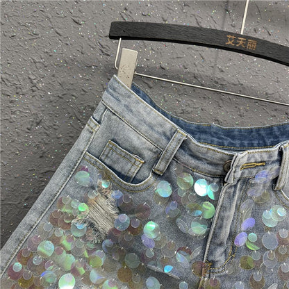 Sequins raw edge high waist A-line wide leg women short denim pants