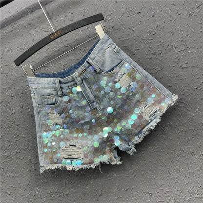 Sequins raw edge high waist A-line wide leg women short denim pants