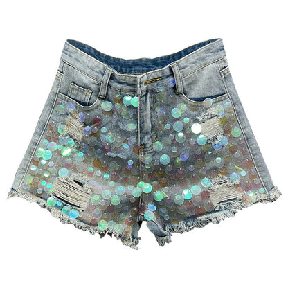 Sequins raw edge high waist A-line wide leg women short denim pants