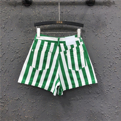 Green Summer short pants women's high waist striped casual denim shorts