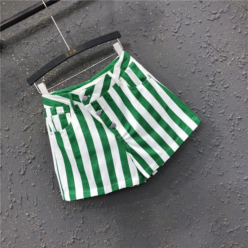 Green Summer short pants women's high waist striped casual denim shorts