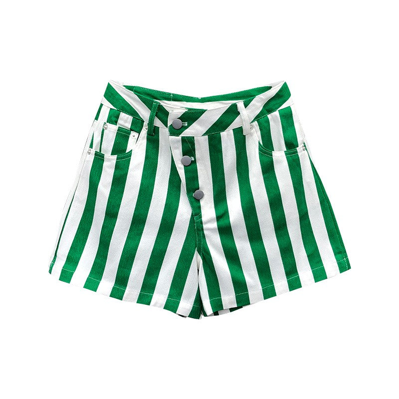 Green Summer short pants women's high waist striped casual denim shorts