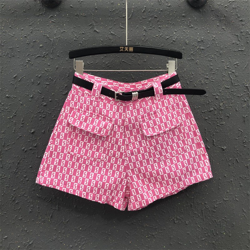 Rose pink denim shorts pant women summer high waist pants