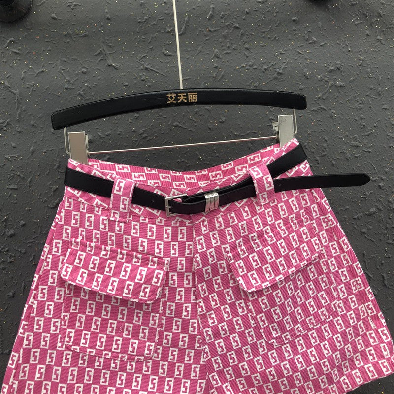 Rose pink denim shorts pant women summer high waist pants