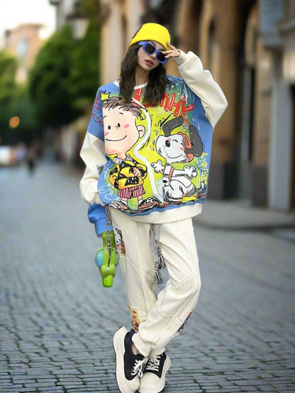 Open stitching sweatpants graffiti sweatshirt two-piece set