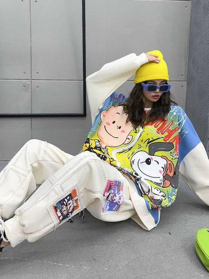 Open stitching sweatpants graffiti sweatshirt two-piece set