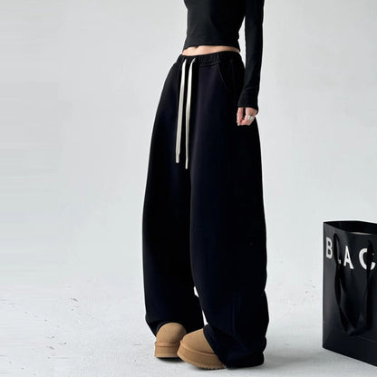 Women plus black sweatpants winter high waist drawstring drape wide leg pants