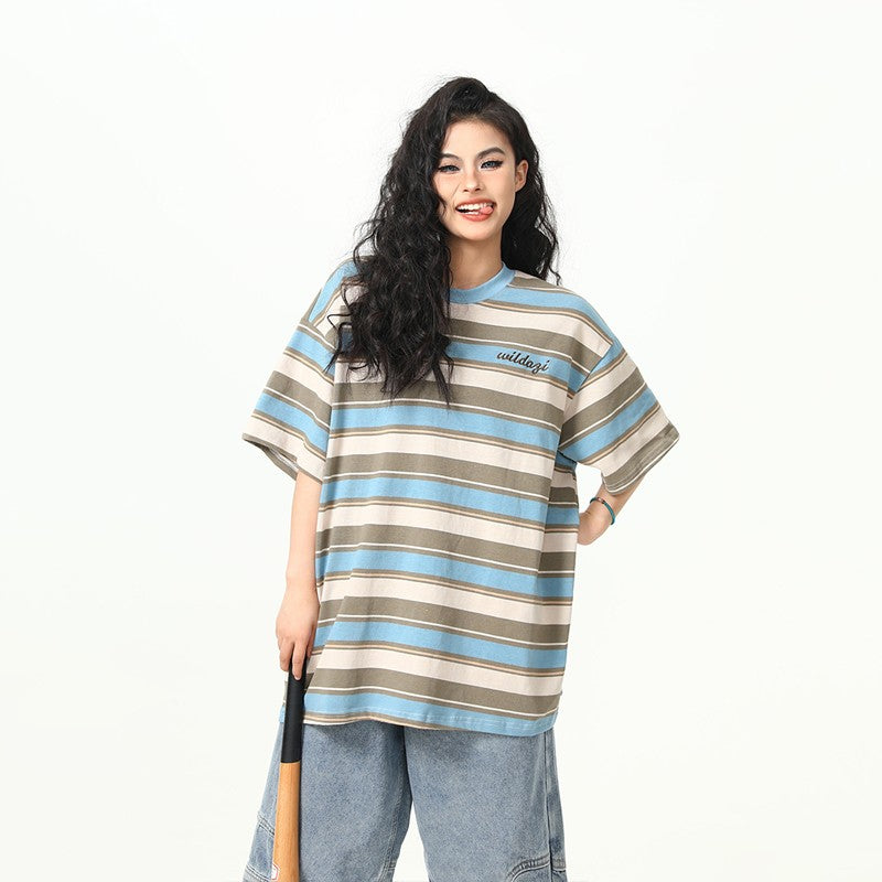 280g Striped Short sleeved T-shirt Women's Summer Loose Top