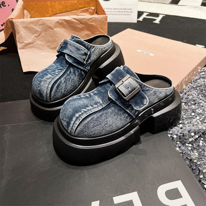 Belt buckle denim platform thick sole big slip-on slippers sandals