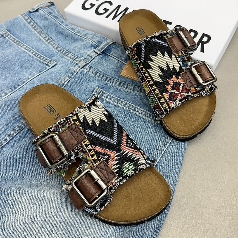 Denim Slippers Cork Boken Slippers for Women's Outwear Thick Sole Summer shoe