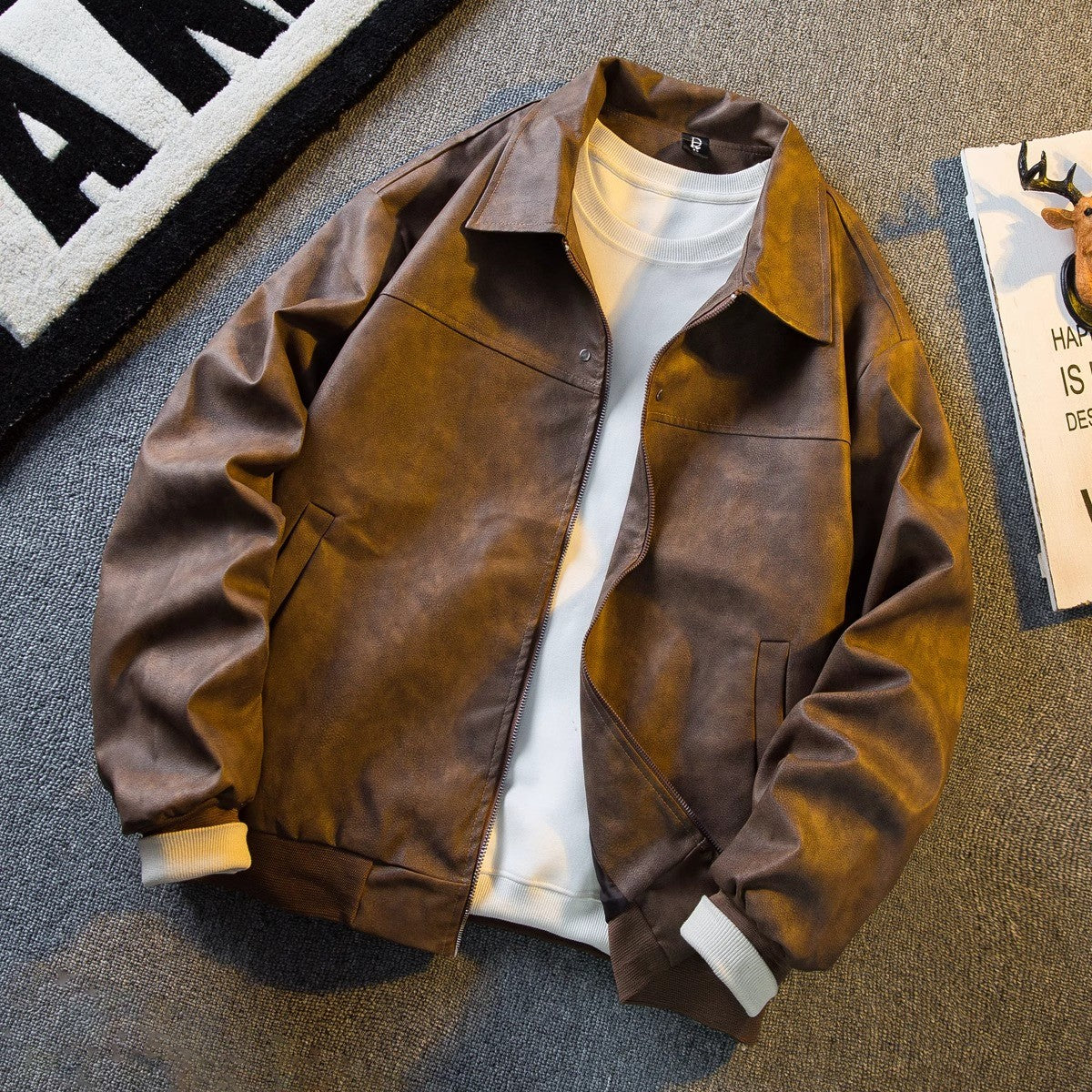 Stylish men suede retro short leather jacket