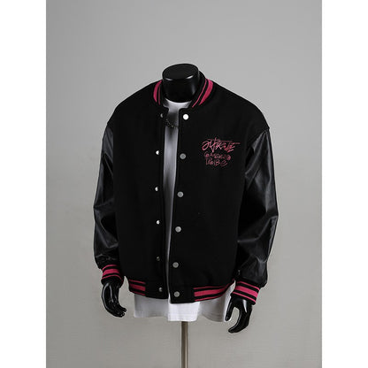 Letter embroidered baseball jacket trendy men's PU leather stitching short jacket