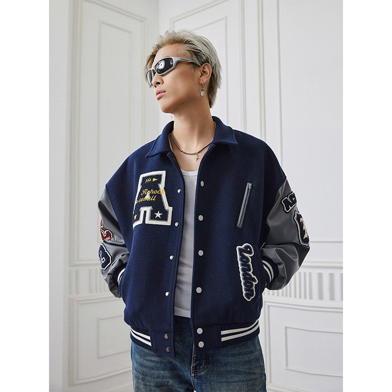 Stand collar heavy embroidery baseball unisex jacket