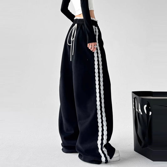 Lace stitching black sweatpants women high waist drape wide leg pants