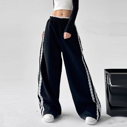 Lace stitching black sweatpants women high waist drape wide leg pants