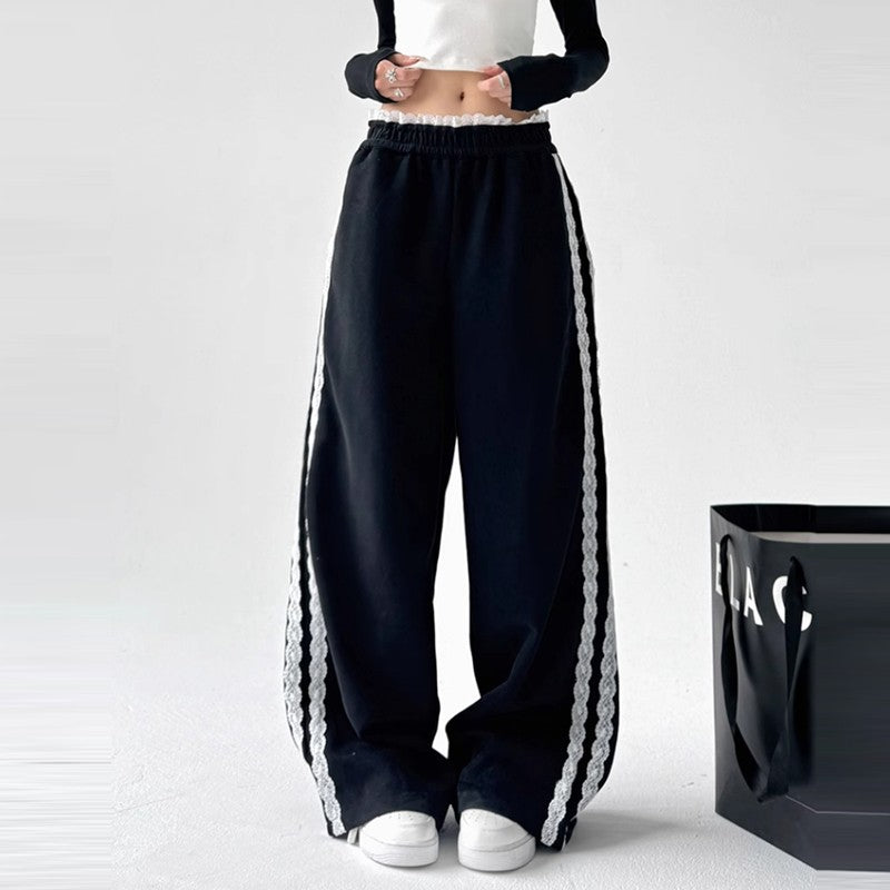 Lace stitching black sweatpants women high waist drape wide leg pants