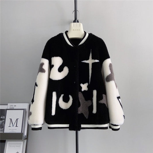 Unisex pure wool baseball jacket coat lamb wool