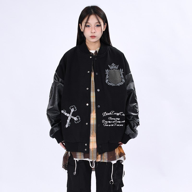 Heavy flocking embroidery baseball men and women loose jacket