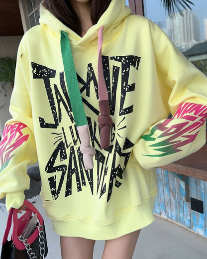 oversized graffiti with plush hooded hoodie for women's