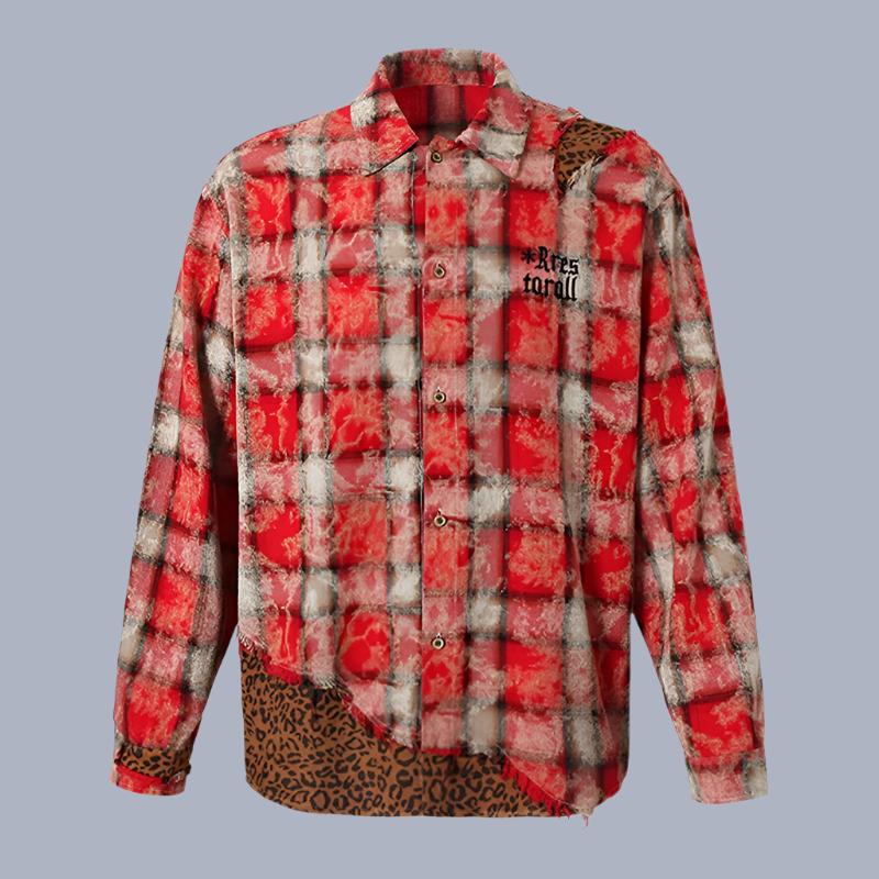 Men plaid leopard print long-sleeved shirt top