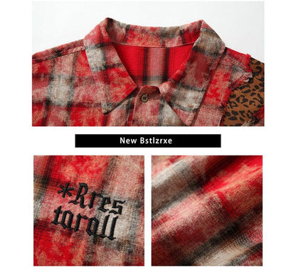 Men plaid leopard print long-sleeved shirt top