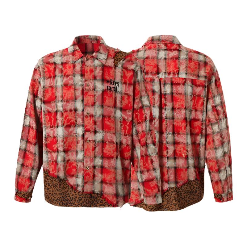 Men plaid leopard print long-sleeved shirt top