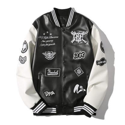 PU leather baseball jacket winter unisex loose leather jacket