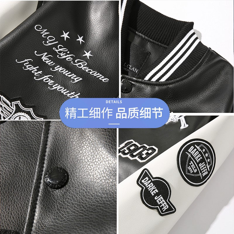 PU leather baseball jacket winter unisex loose leather jacket