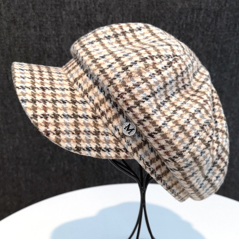 Trendy Wool Plaid British Street Duck Tongue Octagonal Hat