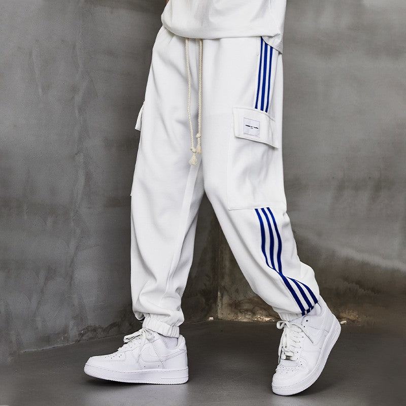 White blue strips sweatpants men's trendy contrasting stitching