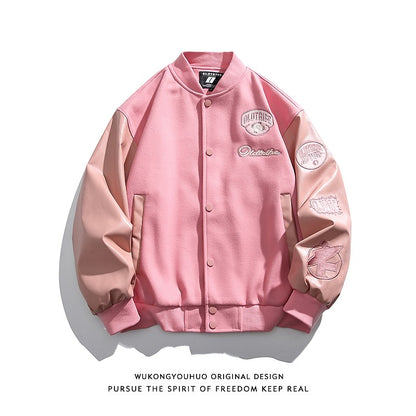 Pink trendy PU leather stitching embroidery baseball jacket unisex loose fit