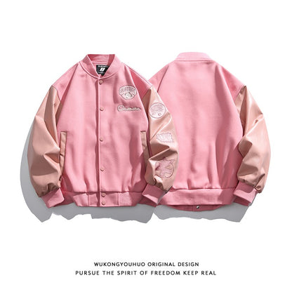 Pink trendy PU leather stitching embroidery baseball jacket unisex loose fit