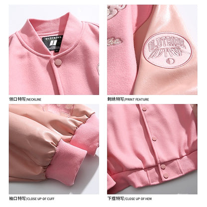 Pink trendy PU leather stitching embroidery baseball jacket unisex loose fit