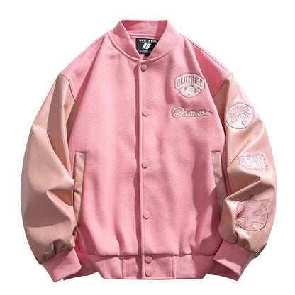 Pink trendy PU leather stitching embroidery baseball jacket unisex loose fit