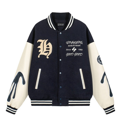 PU leather heavy-duty letter towel embroidered baseball jacket for men and women