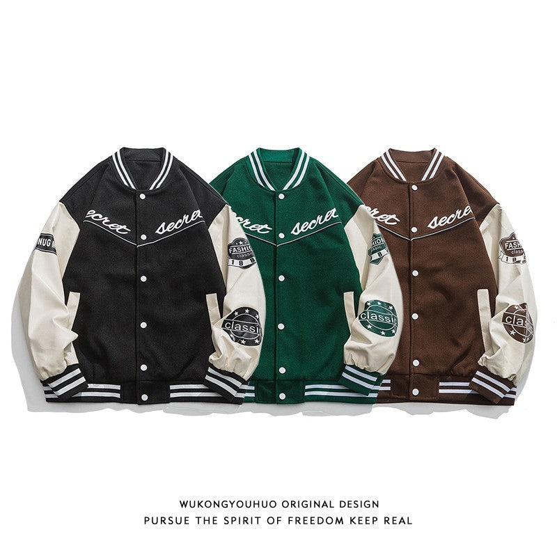 Hip-hop PU leather stitching baseball jacket men's trendy loose couple casual jacket