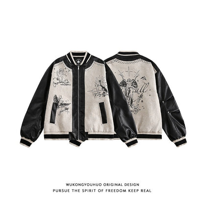 leather PU patch baseball jacket unisex short jacket