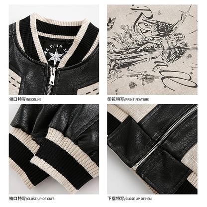 leather PU patch baseball jacket unisex short jacket