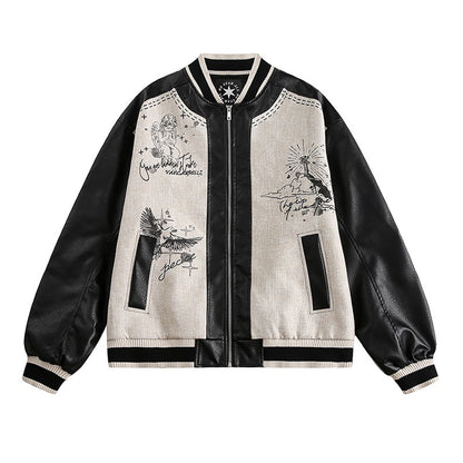 leather PU patch baseball jacket unisex short jacket