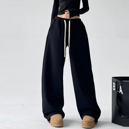 Women plus black sweatpants winter high waist drawstring drape wide leg pants