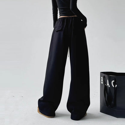 Women plus black sweatpants winter high waist drawstring drape wide leg pants