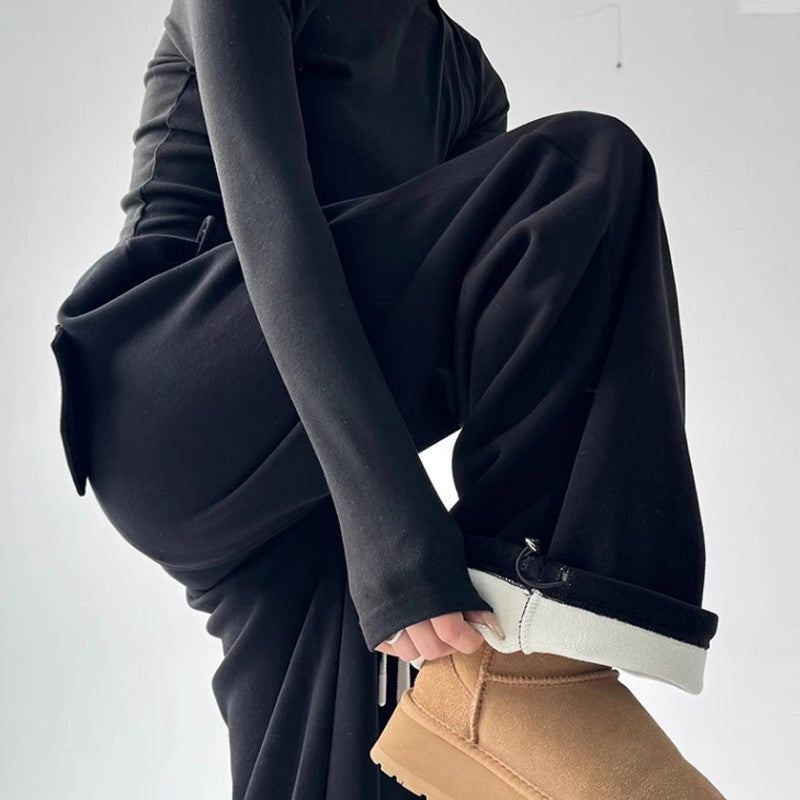 Women plus black sweatpants winter high waist drawstring drape wide leg pants