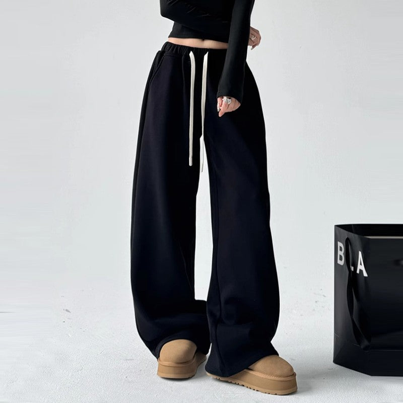 Women plus black sweatpants winter high waist drawstring drape wide leg pants